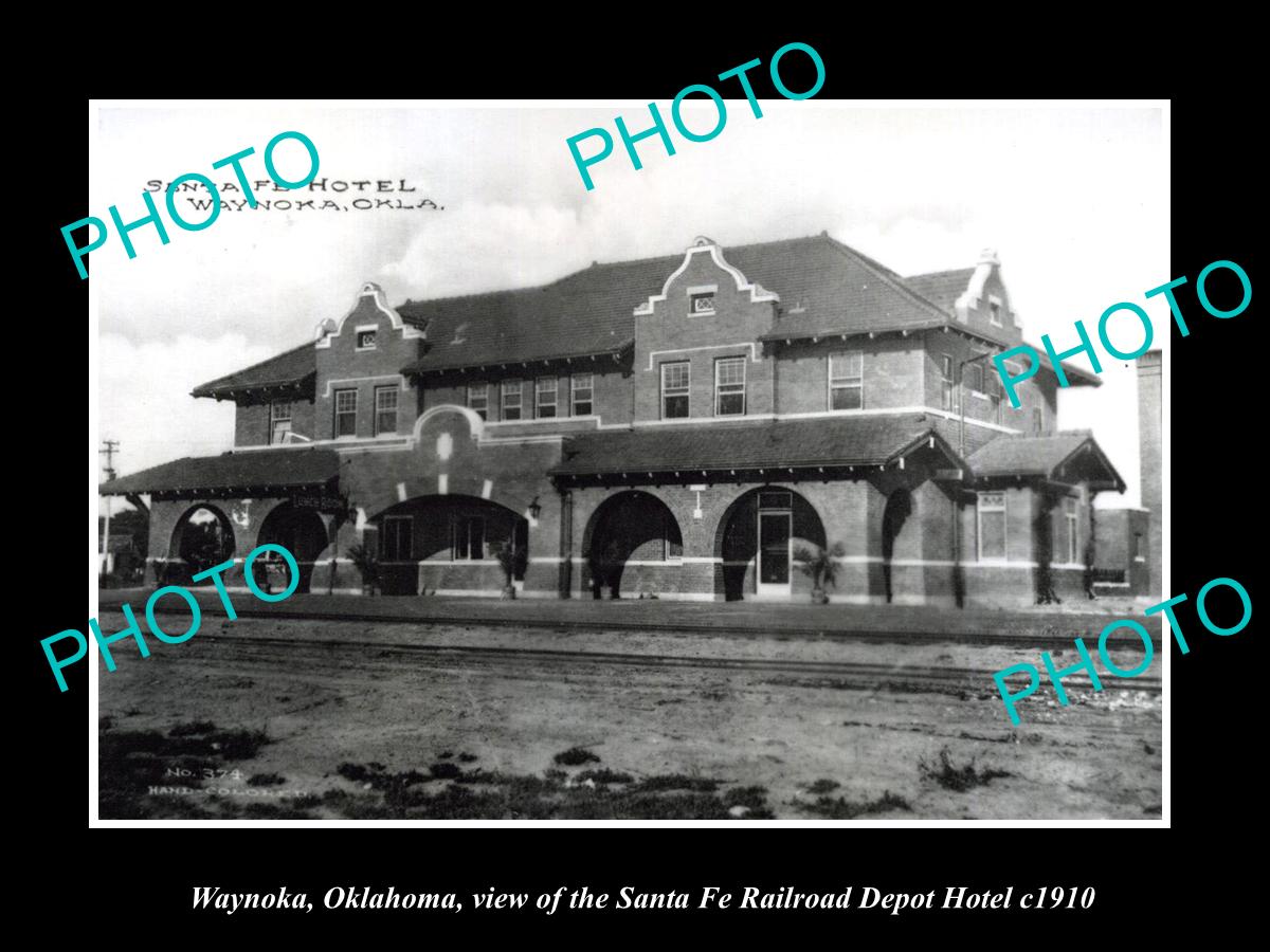 OLD LARGE HISTORIC PHOTO OF WAYNOKA OKLAHOMA, THE SANTA FE RAILROAD DEPOT c1910