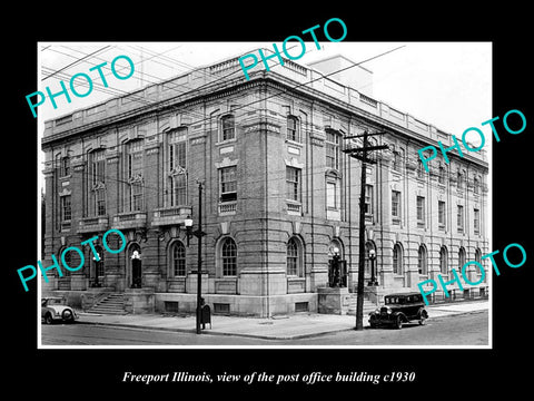 OLD LARGE HISTORIC PHOTO OF FREEPORT ILLINOIS, THE POST OFFICE BUILDING c1930