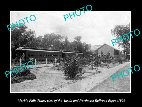 OLD LARGE HISTORIC PHOTO OF MARBLE FALLS TEXAS, THE RAILROAD STATION c1900