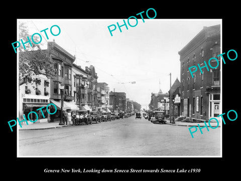 OLD LARGE HISTORIC PHOTO OF GENEVA NEW YORK, VIEW OF SENECA STEET & STORES c1930