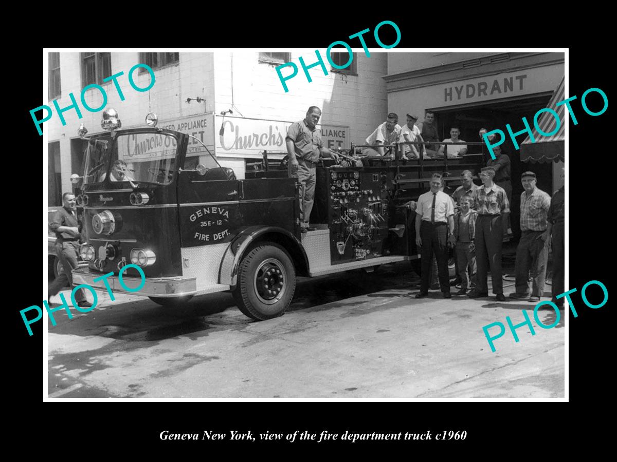 OLD LARGE HISTORIC PHOTO OF GENEVA NEW YORK, THE FIRE DEPARTMENT TRUCK c1960