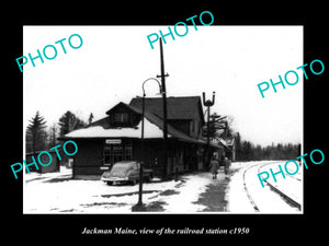 OLD LARGE HISTORIC PHOTO OF JACKMAN MAINE, THE RAILROAD DEPOT STATION c1950