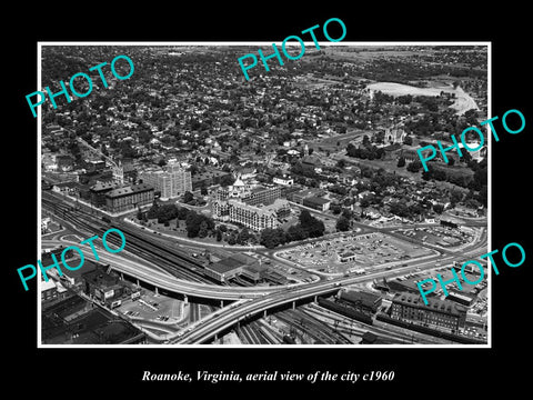 OLD LARGE HISTORIC PHOTO OF ROANOKE VIRGINIA, AERIAL VIEW OF THE CITY c1960