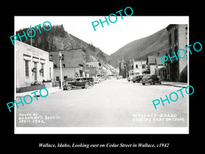 OLD LARGE HISTORIC PHOTO OF WALLACE IDAHO, VIEW OF CEDAR ST & STORES c1942