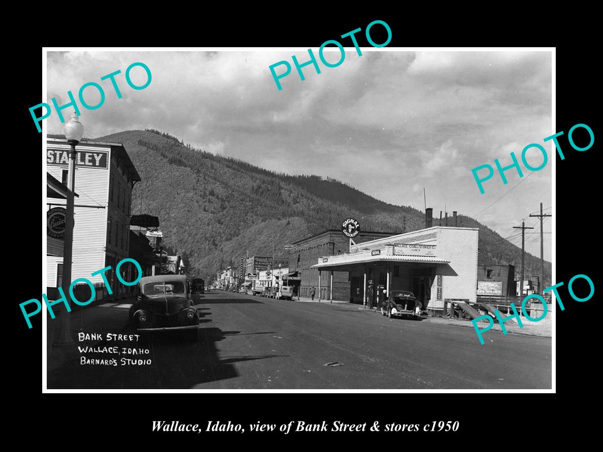 OLD LARGE HISTORIC PHOTO OF WALLACE IDAHO, VIEW OF BANK ST & STORES c1950