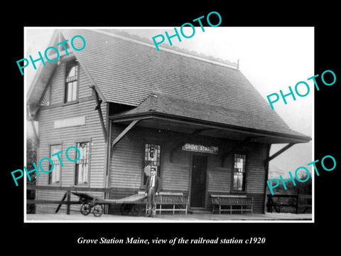 OLD LARGE HISTORIC PHOTO OF GROVE STATION MAINE, THE RAILROAD DEPOT STATION 1920