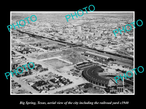 OLD LARGE HISTORIC PHOTO OF BIG SPRINGS TEXAS, AERIAL VIEW CITY & RAILROAD c1940