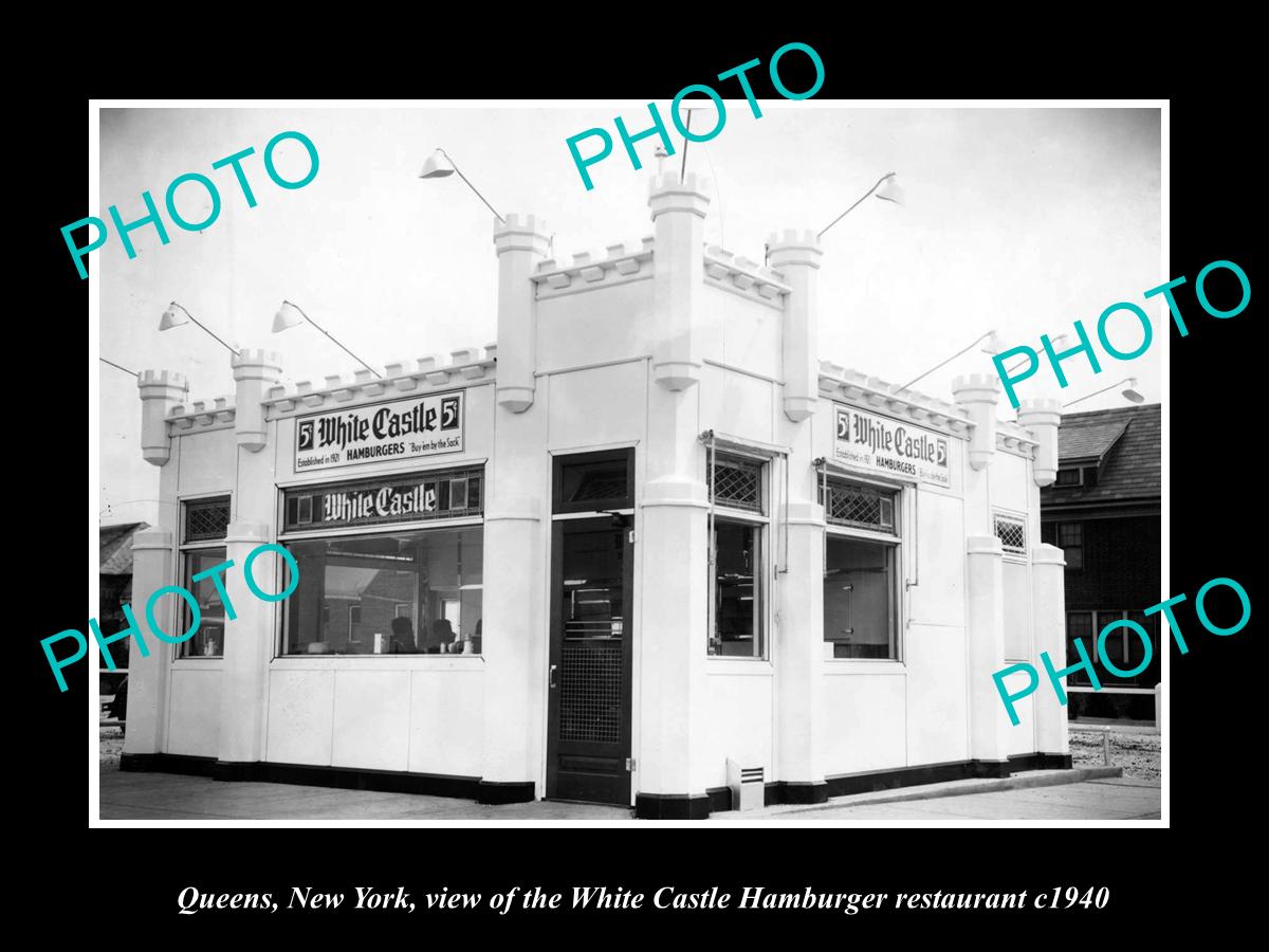 OLD LARGE HISTORIC PHOTO OF QUEENS NEW YORK, WHITE CASTLE HAMBURGER STORE c1940