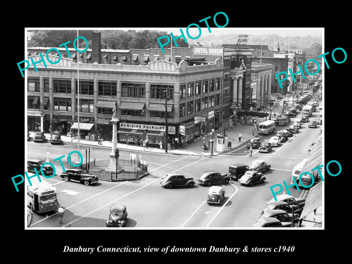 OLD LARGE HISTORIC PHOTO OF DANBURY CONNECTICUT, VIEW OF DOWNTOWN & STORES c1940