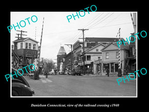 OLD LARGE HISTORIC PHOTO OF DANIELSON CONNECTICUT, THE RAILROAD CROSSING c1940