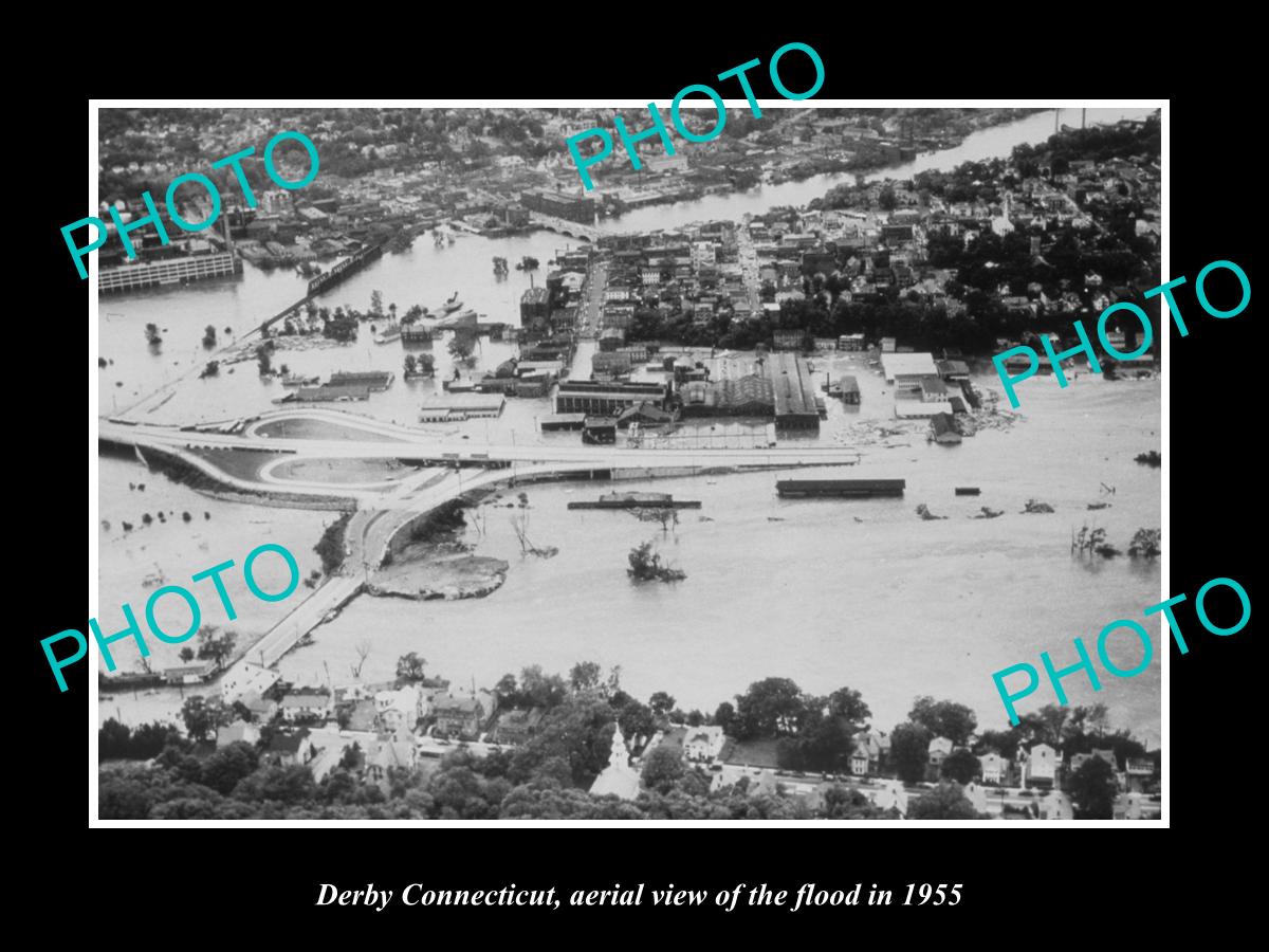 OLD LARGE HISTORIC PHOTO OF DERBY CONNECTICUT, AERIAL VIEW OF THE 1955 FLOOD