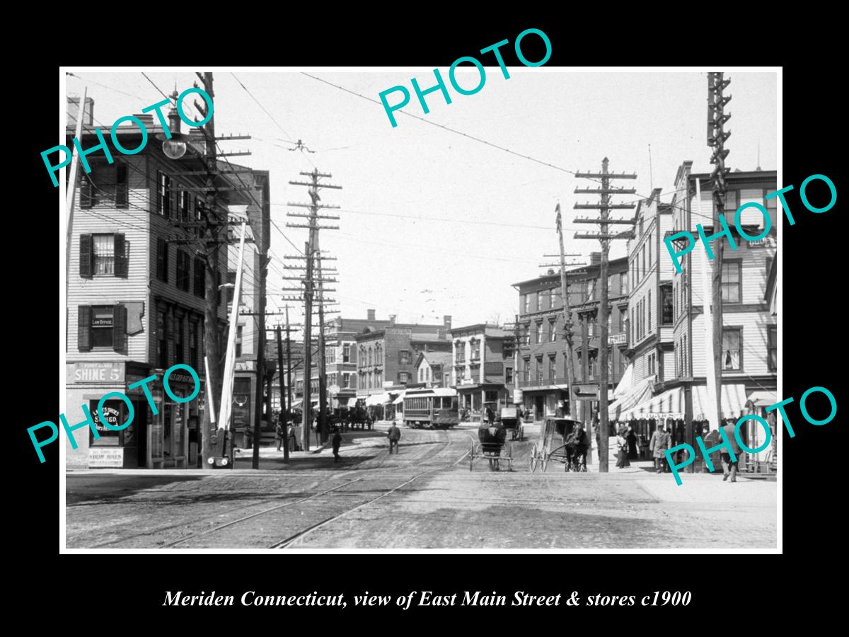 OLD LARGE HISTORIC PHOTO OF MERIDEN CONNECTICUT, THE MAIN St & STORES c1900