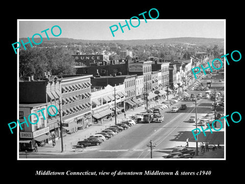 OLD LARGE HISTORIC PHOTO OF MIDDLETOWN CONNECTICUT, THE MAIN St & STORES c1940