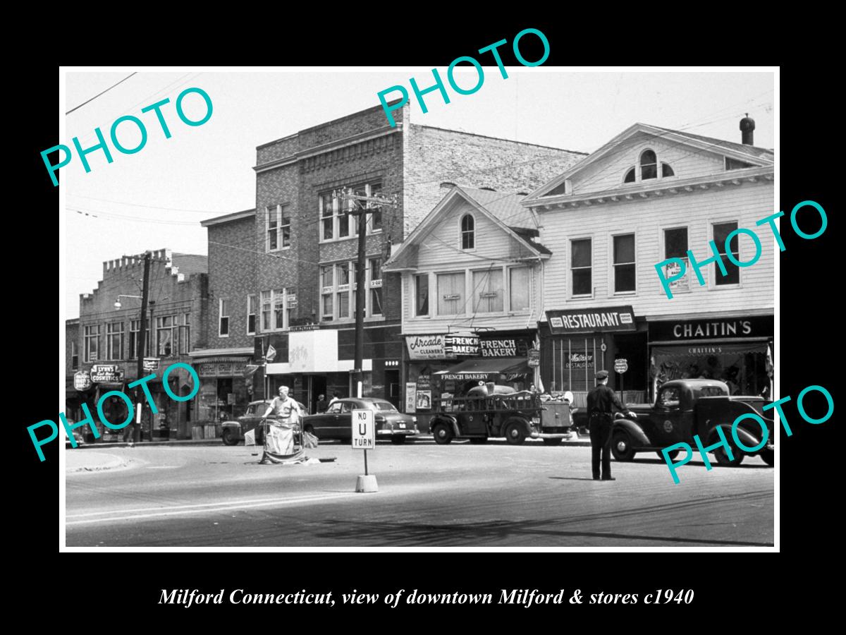 OLD LARGE HISTORIC PHOTO OF MILFORD CONNECTICUT, VIEW OF DOWNTOWN & STORES c1940