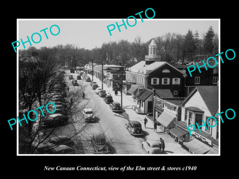 OLD LARGE HISTORIC PHOTO OF NEW CANAAN CONNECTICUT, ELM STREET & STORES c1940