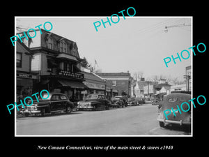 OLD LARGE HISTORIC PHOTO OF NEW CANAAN CONNECTICUT, THE MAIN St & STORES c1940