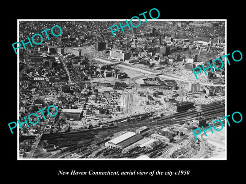 OLD LARGE HISTORIC PHOTO OF NEW HAVEN CONNECTICUT, AERIAL VIEW OF THE CITY c1950