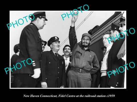 OLD LARGE HISTORIC PHOTO OF NEW HAVEN CONNECTICUT, FIDEL CASTRO AT RAILROAD 1959