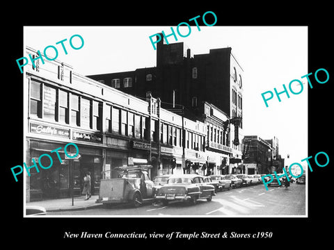 OLD LARGE HISTORIC PHOTO OF NEW HAVEN CONNECTICUT, VIEW OF TEMPLE ST STORES 1950