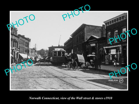 OLD LARGE HISTORIC PHOTO OF NORWALK CONNECTICUT, VIEW OF WALL ST & STORES c1910
