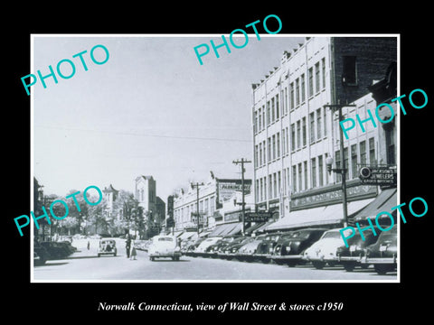 OLD LARGE HISTORIC PHOTO OF NORWALK CONNECTICUT, VIEW OF WALL ST & STORES c1940