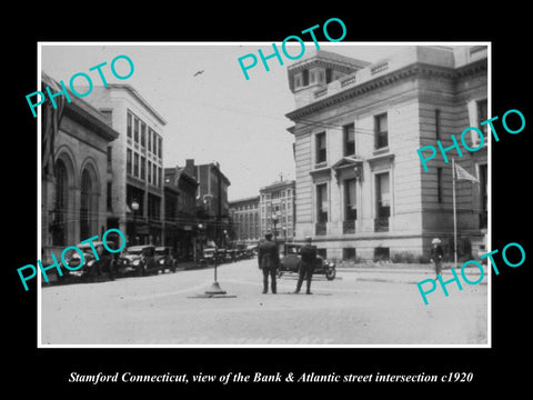 OLD LARGE HISTORIC PHOTO OF STAMFORD CONNECTICUT, BANK & ATLANTIC STREET c1920