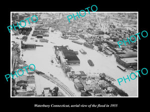 OLD LARGE HISTORIC PHOTO OF WATERBURY CONNECTICUT, AERIAL VIEW OF THE 1955 FLOOD