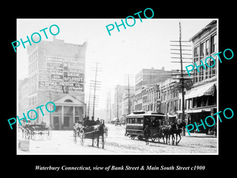 OLD LARGE HISTORIC PHOTO OF WATERBURY CONNECTICUT, BANK & MAIN STREET c1900