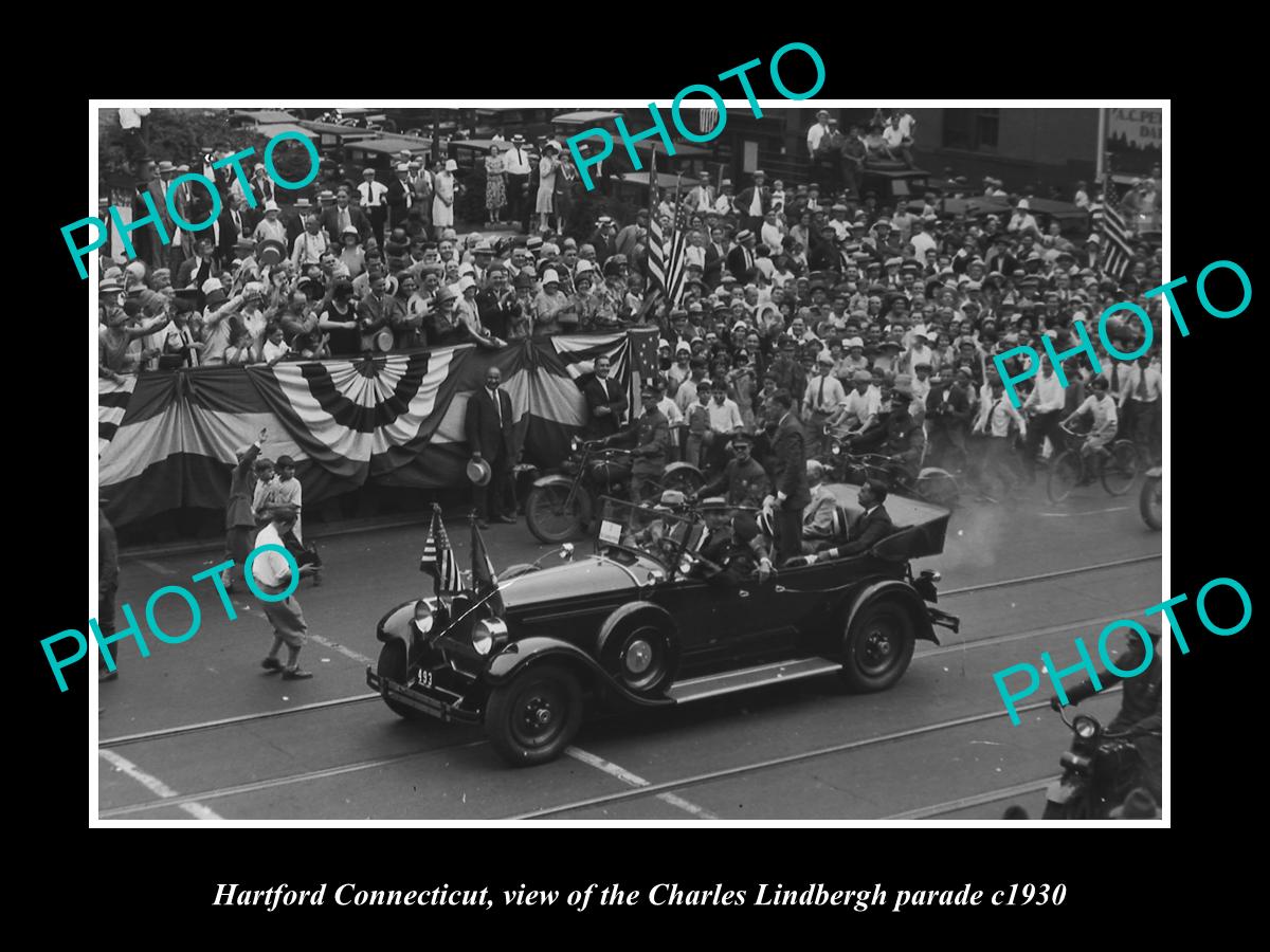 OLD LARGE HISTORIC PHOTO OF HARTFORD CONNECTICUT, CHARLES LINDBERGH PARADE c1930