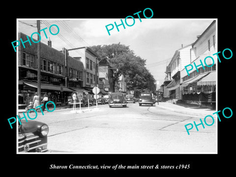OLD LARGE HISTORIC PHOTO OF SHARON CONNECTICUT, THE MAIN STREET & STORES c1945