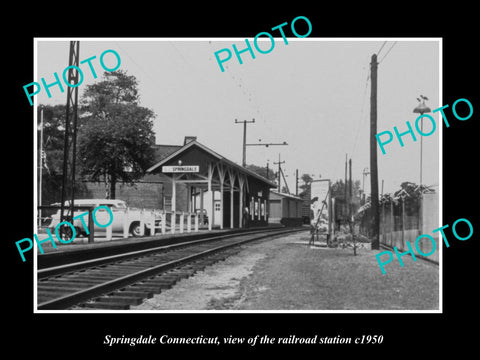 OLD LARGE HISTORIC PHOTO OF SPRINGDALE CONNECTICUT, THE RAILROAD STATION c1950