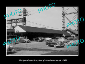 OLD LARGE HISTORIC PHOTO OF WESTPORT CONNECTICUT, THE RAILROAD STATION c1950