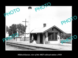 OLD LARGE HISTORIC PHOTO OF MILDRED KANSAS, THE MKT RAILROAD STATION c1950