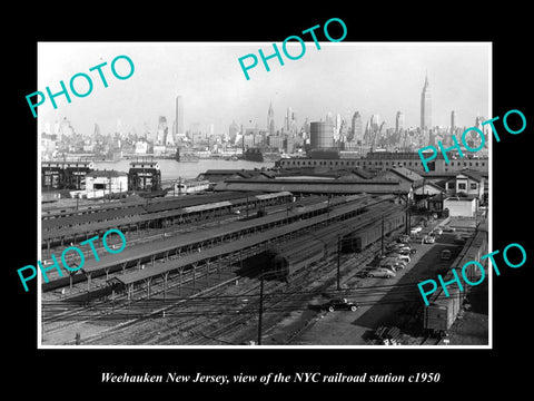 OLD LARGE HISTORIC PHOTO OF WEEHAUKEN NEW JERSEY, THE NYC RAILROAD STATION c1950