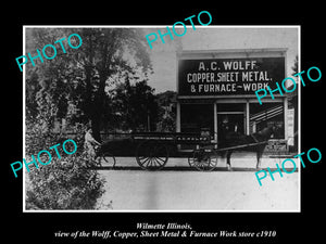 OLD LARGE HISTORIC PHOTO OF WILMETTE ILLINOIS, THE WOLFF METAL GOODS STORE c1910