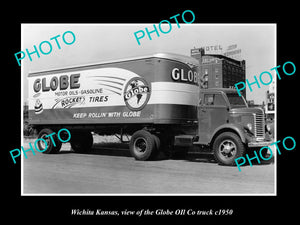 OLD LARGE HISTORIC PHOTO OF WICHITA KANSAS, THE GLOBE OIL Co TRUCK c1950