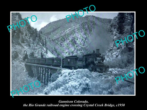 OLD LARGE HISTORIC PHOTO OF GUNNISON COLORADO, TRAIN OVER CRYSTAL CREEK c1950