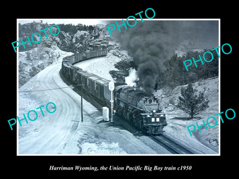 OLD LARGE HISTORIC PHOTO OF HARRIMAN WYOMING, THE UP RAILWAY BIG BOY TRAIN c1950