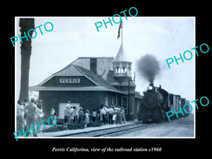 OLD LARGE HISTORIC PHOTO OF PERRIS CALIFORNIA, THE RAILROAD STATION c1960