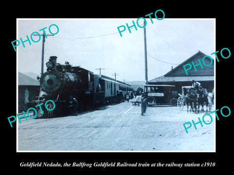 OLD LARGE HISTORIC PHOTO OF GOLDFIELD NEVADA, THE BULLFROG RAILROAD TRAIN c1910