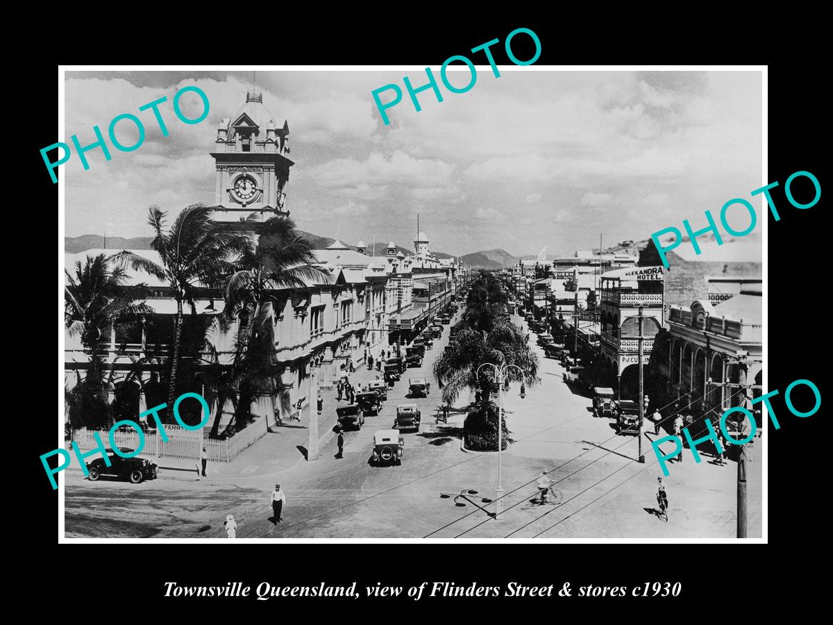 OLD LARGE HISTORIC PHOTO OF TOWNSVILLE QUEENSLAND, FLINDERS ST & STORES c1930