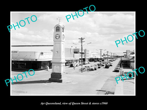 OLD LARGE HISTORIC PHOTO OF AYR QUEENSLAND, VIEW OF QUEEN St & STORES c1960