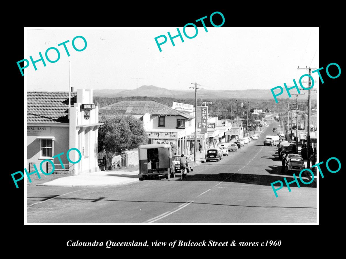 OLD LARGE HISTORIC PHOTO OF CALOUNDRA QUEENSLAND, BULCOCK ST & STORES c1960