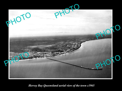 OLD LARGE HISTORIC PHOTO OF HERVEY BAY QUEENSLAND, AERIAL VIEW OF THE TOWN c1965