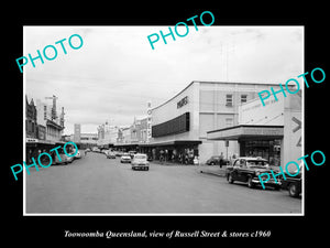 OLD LARGE HISTORIC PHOTO OF TOOWOOMBA QUEENSLAND, RUSSELL ST & STORES c1960