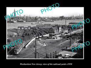 OLD LARGE HISTORIC PHOTO OF WEEHAWKEN NEW JERSEY, THE RAILROAD YARDS c1950