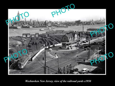 OLD LARGE HISTORIC PHOTO OF WEEHAWKEN NEW JERSEY, THE RAILROAD YARDS c1950