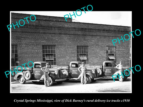 OLD LARGE HISTORIC PHOTO OF CRYSTAL SPRINGS MISSISSIPPI, BURNEY ICE TRUCKS c1930