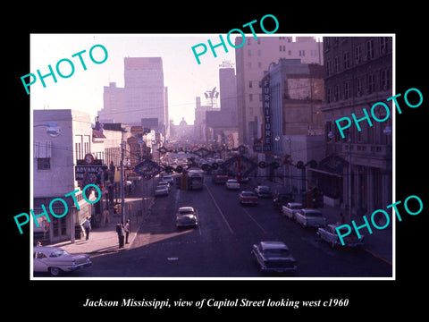 OLD LARGE HISTORIC PHOTO OF JACKSON MISSISSIPPI, CAPITOL ST & STORES c1960