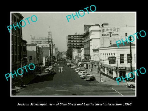 OLD LARGE HISTORIC PHOTO OF JACKSON MISSISSIPPI, STATE & CAPITOL STREETS c1960